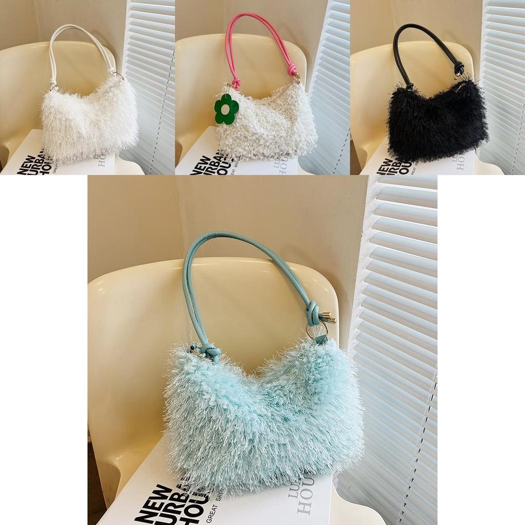Chic Vintage Plush Handbag For Women Stylish Simple Shoulder Bag In Black White Pink