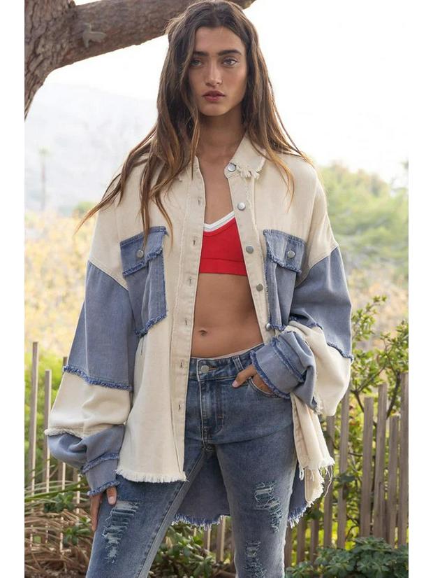 2026 Spring/Summer Women's Distressed Color Block Denim Jacket with Frayed Edges
