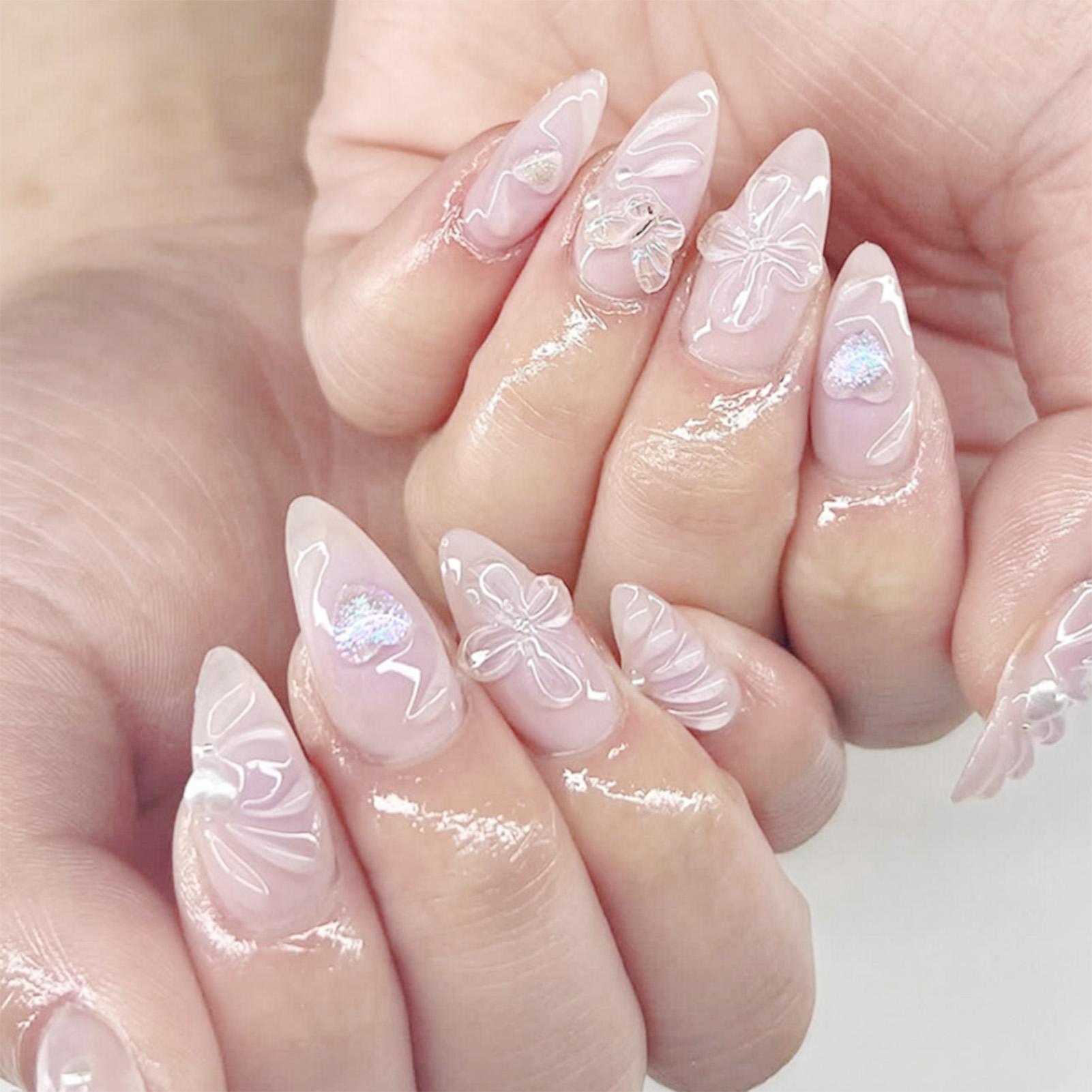 3D Heart Butterfly Flower Short Almond Press On Nails 24 Pieces Wearable Manicure Kit With Multi Size Options JP4219 розовый