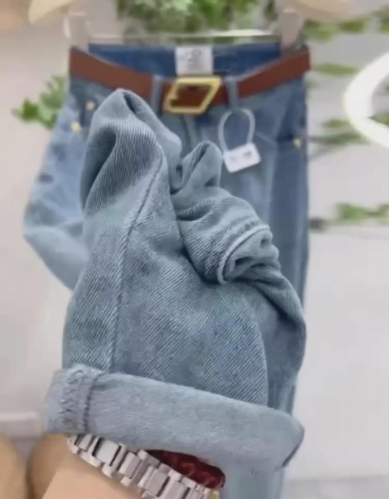 Kadınlar için Büyük Yüksek Bel Düz Paça Kot Pantolon - 2025 İlkbahar/Sonbahar, Petite Bol Kesim, Dokuz Nokta Harem Tarzı.