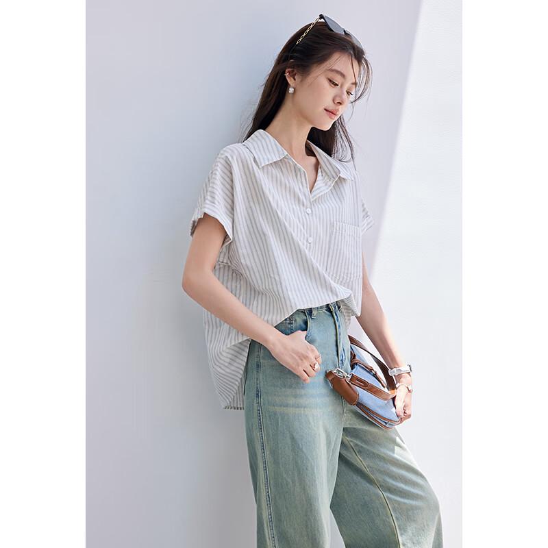 VICTORIA&VERA Women's Striped Short Sleeve Commuter Shirt