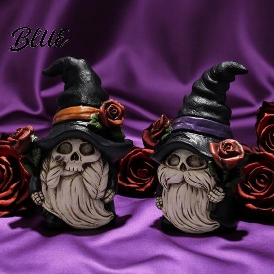 Gnome Table Centerpiece Halloween Skeleton Figurine Gothic Witch Hat Dwarf Statue Holiday Party Ornament Holding Rose Sculpture for Decoration
