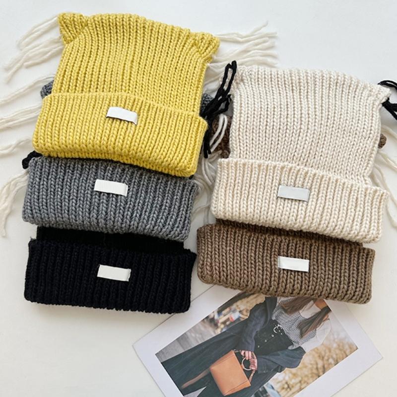 Cats Ear Knitted Hat Tassels Letter Decration Hat Foldable Fuzzy Winter Hat for Youthful Stylish Look
