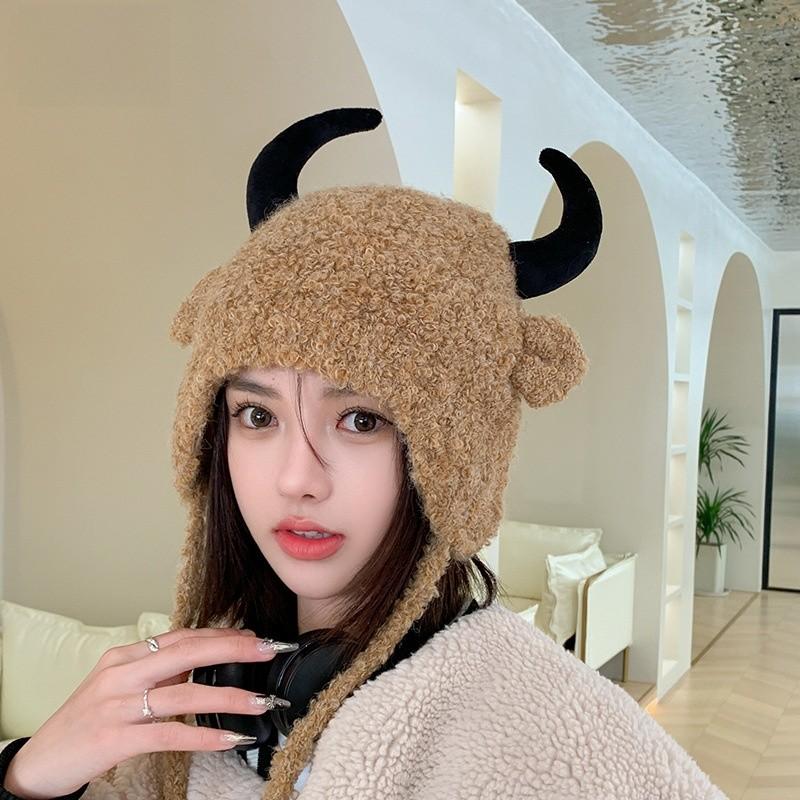 Cozy Knit Hat With Horn Design For Girls And Fashion Enthusiasts