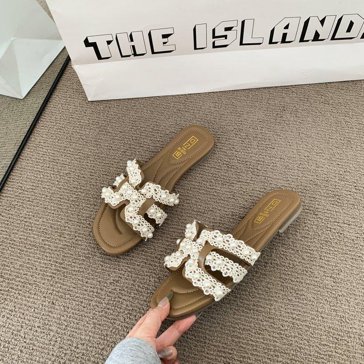 One-word Drag with Skirt Summer New Fairy Small Fragrant Slippers Female Outer Wear Pearl Soft Bottom Soft Surface Cool Slippers