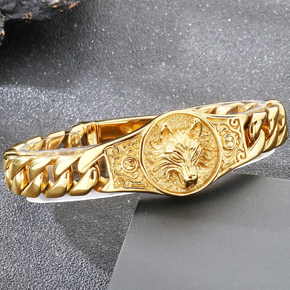 Cool Biker Mens Stainless Steel Wolf Head Curb Cuban Link Chain Bracelet for Men Man Punk Rock Style Jewelry Accessories 19-23CM