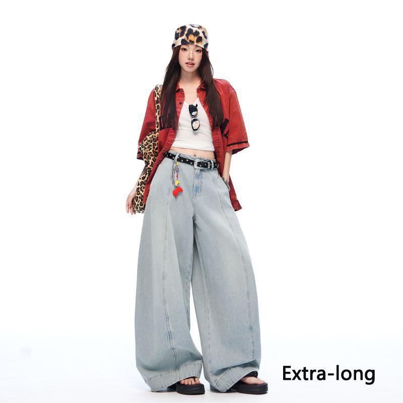 Vintage Split Seam Design Sea Salt Color Slim Relaxed Carambola Shape Wide Leg Denim Pants Spring Summer Casual Pants Oversize Denim Trousers XS