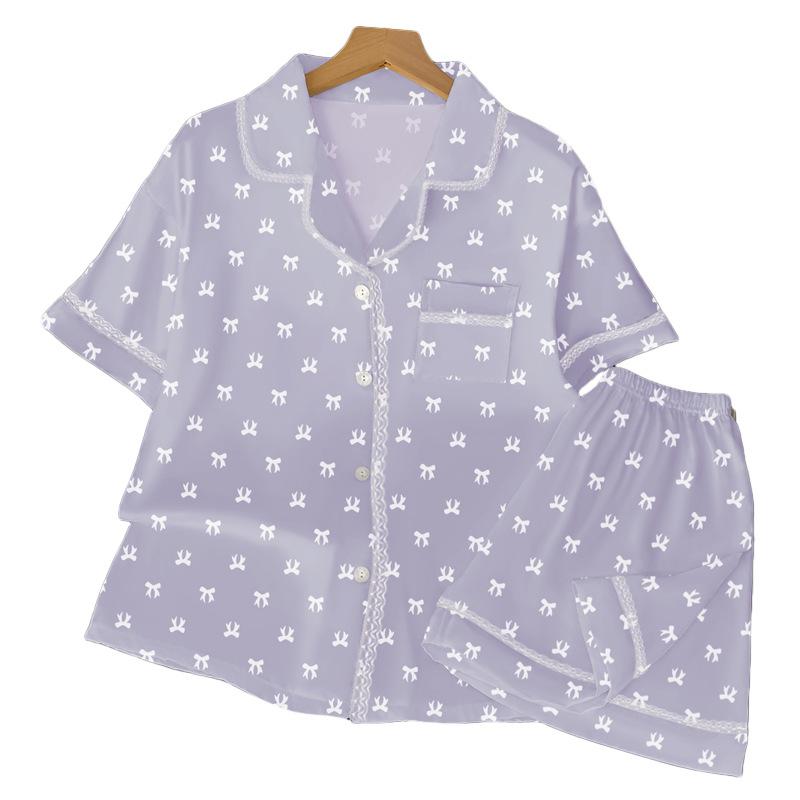 French Ice Silk Pajamas Women'S Summer Printing Loose Short-Sleeved Cardigan Loungewear Two-Piece Set Can Be Worn Outside