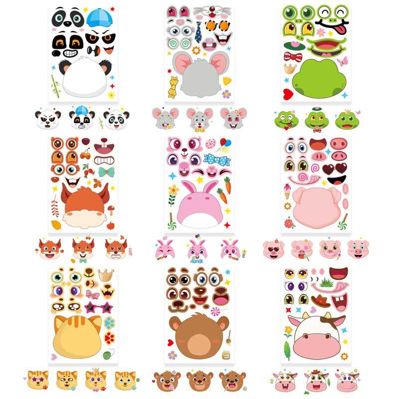 9Sheets Make Your Own Animals Stickers Children DIY Puzzle Sticker Games Make A Face Cute Panda Assemble Jigsaw Stickers Kids