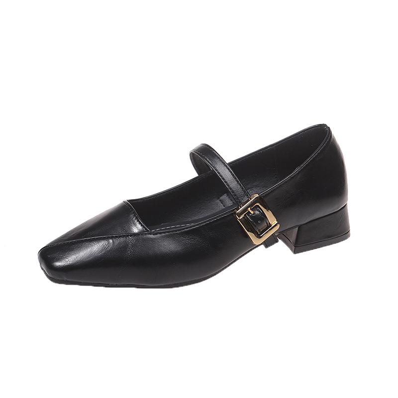 

Single Shoes Women 2026 Summer Block Heel Low Heel Small Square Toe Shallow Mouth One Buckle Versatile Work Shoes 35