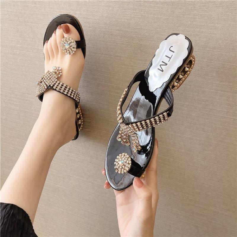 Fashion Plus Size 34-41 Shoes for Women Summer Fashion Women Rhinestone Flip Flops Wedges Crystal Sandals Casual Beach Shoes Footwear