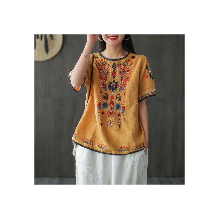Retro Embroidered Cotton and Linen Chinese Style Large-size Women's Clothing, Summer Loose Literary Slim-fitting National Style Red Linen T-shirt Top