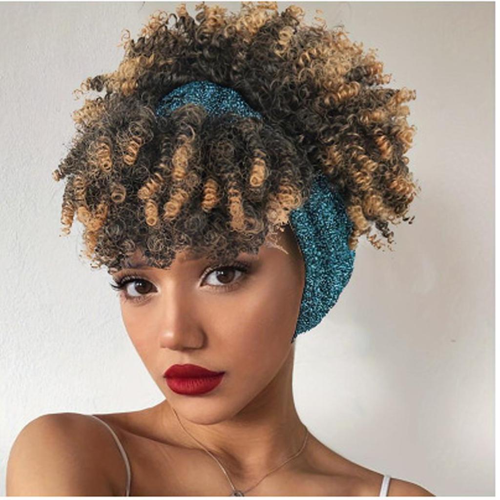 Afro Curly Kinky Synthetic Head Wraps Short Drawstring Puff Wigs with Small Cap Headband Scarf Wigs