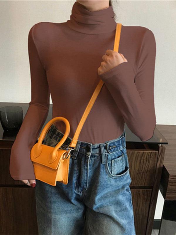 Women's Slim Fit Fleece High Neck T-Shirt - Korean Style Casual Long Sleeve Warm Top for Autumn and Winter 2025