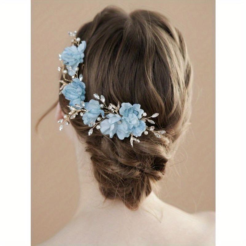 1pc Women's Ombre Silk Flower, Golden Metal Leaf & Rhinestone Decor Hair Comb, Energetic Countryside Bridal Headpiece Suitable for Daily, Party