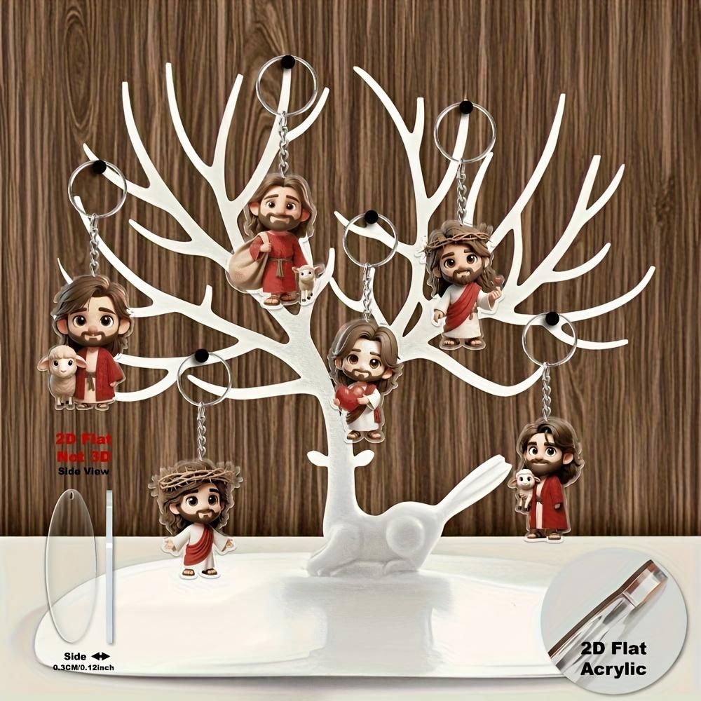 8 Parça 2D düz akrilik İsa temalı çizgi film karakter anahtarlık, 2D düz sırt çantası anahtarlık kolye.