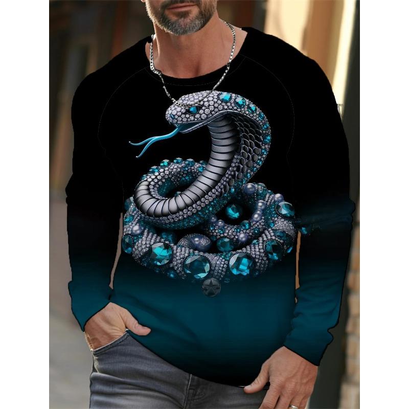 Spring and Autumn Round Neck 3D Snake Pattern Printed Top Fashionable Casual Long Sleeved Men's T-shirts