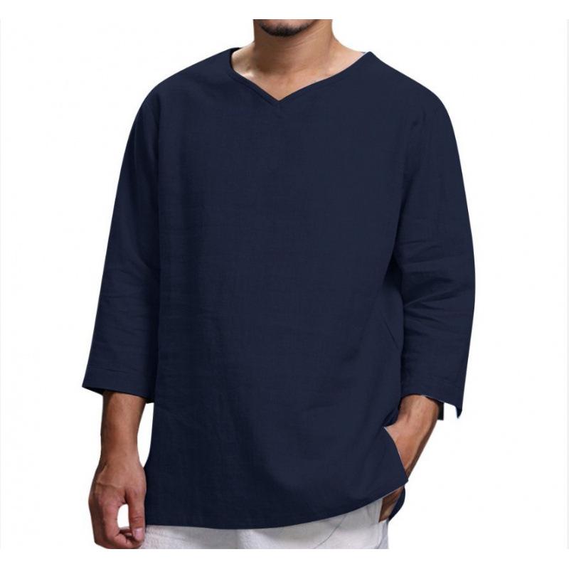 In Stock: Men s Long Sleeve V-neck Cotton Linen Loose Shirt XXXXL