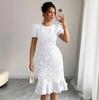 2026 summer new French blue floral bubble sleeves waist and thin temperament dress