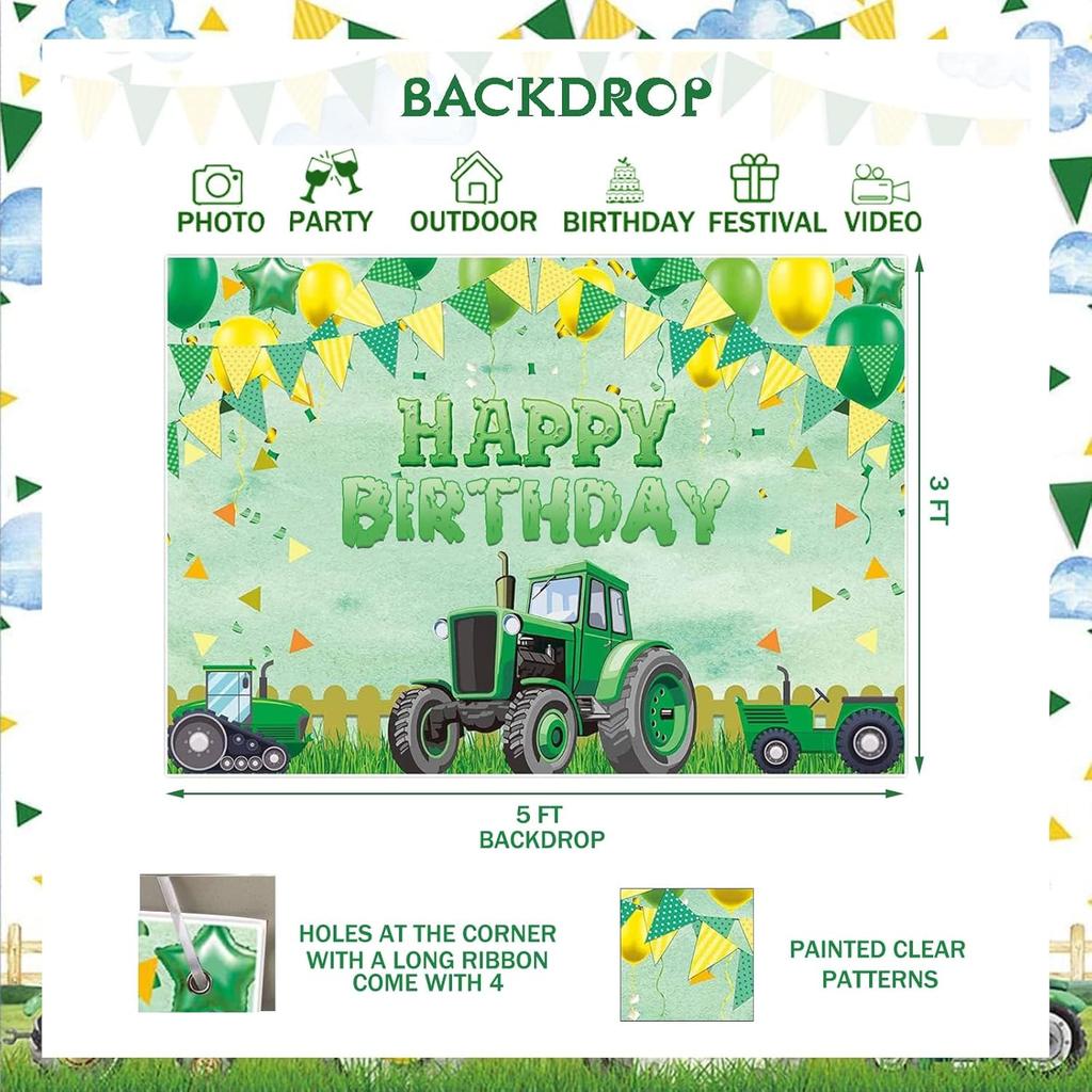 Tractor Birthday Party Decorations, Farm Green Tractor Theme Birthday Decorations Backdrop Balloon Garland Arch Banner Cake Cupcake Topper Tractor
