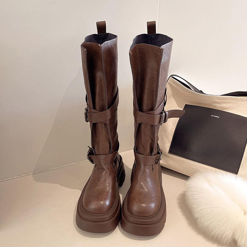 

Майяр коричневые женские сапоги толстые ноги большой обхват голенища пряжка ремня толстая подошва увеличивающие рост вестерн ковбой высокие сапоги рыцаря 40 коричневый