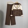 Women's Double-Breasted Knitted Suit: Two-Piece Set with Wide-Leg Pants and Suit Collar