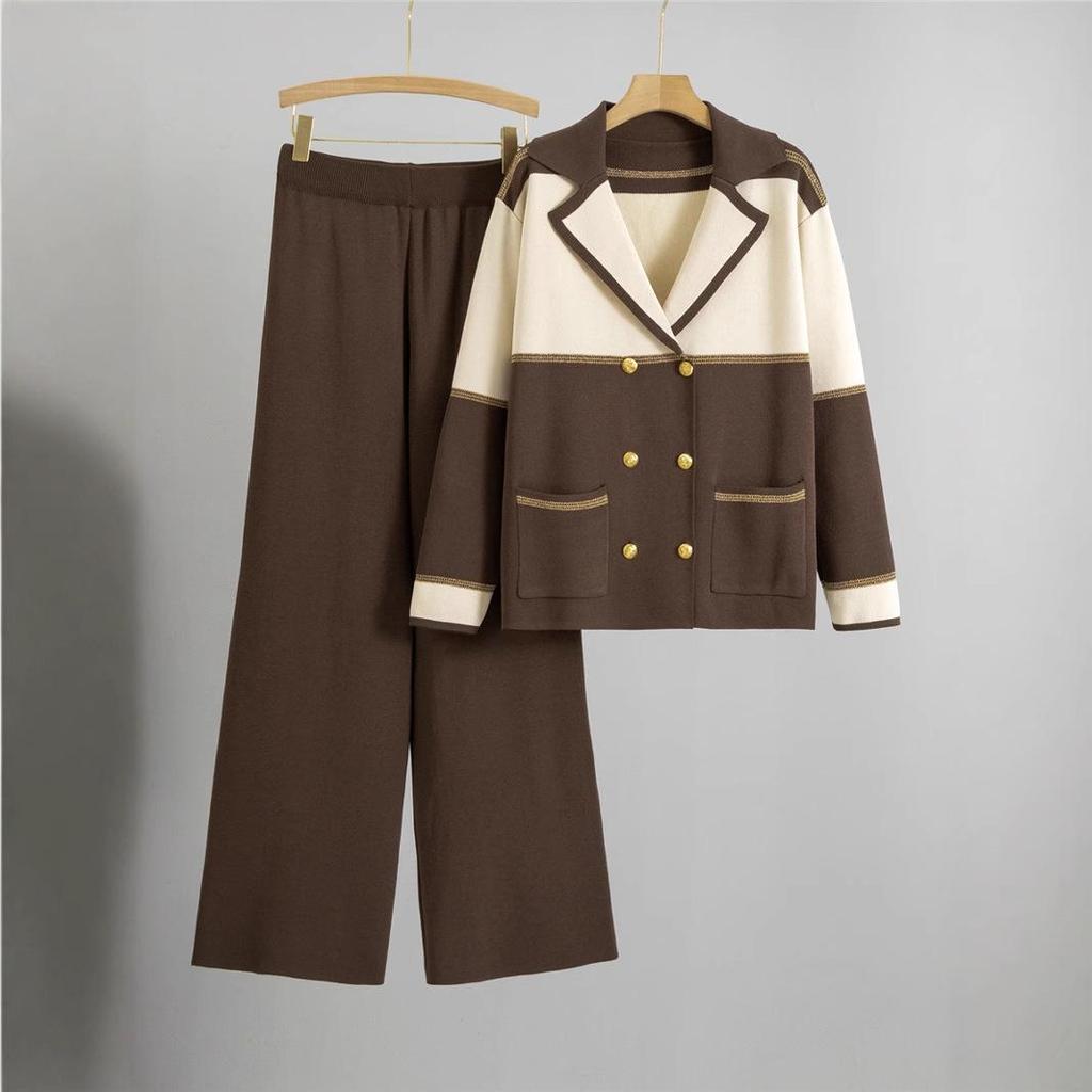 Women's Double-Breasted Knitted Suit: Two-Piece Set with Wide-Leg Pants and Suit Collar