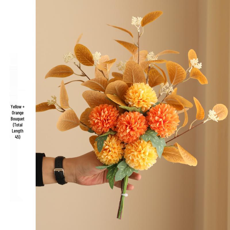 Eucalyptus Ball Chrysanthemum Bouquet in Ceramic Vase - Artificial Dried Flowers for Living Room or Dining Table Decor