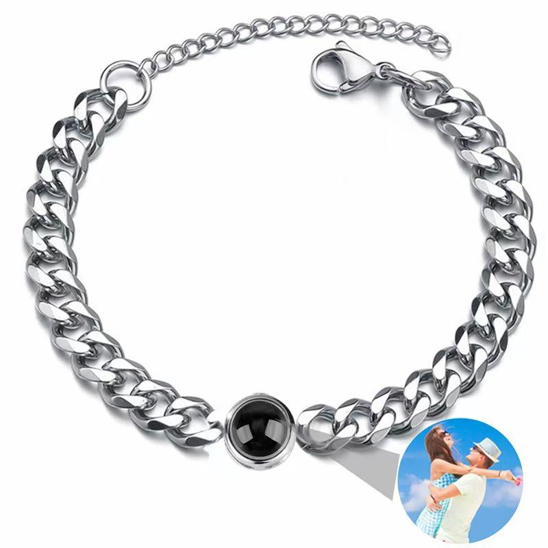 Custom 100 Languages 'I Love You' Projection Bracelet - Stainless Steel Cuban Chain Bangle for Men & Women