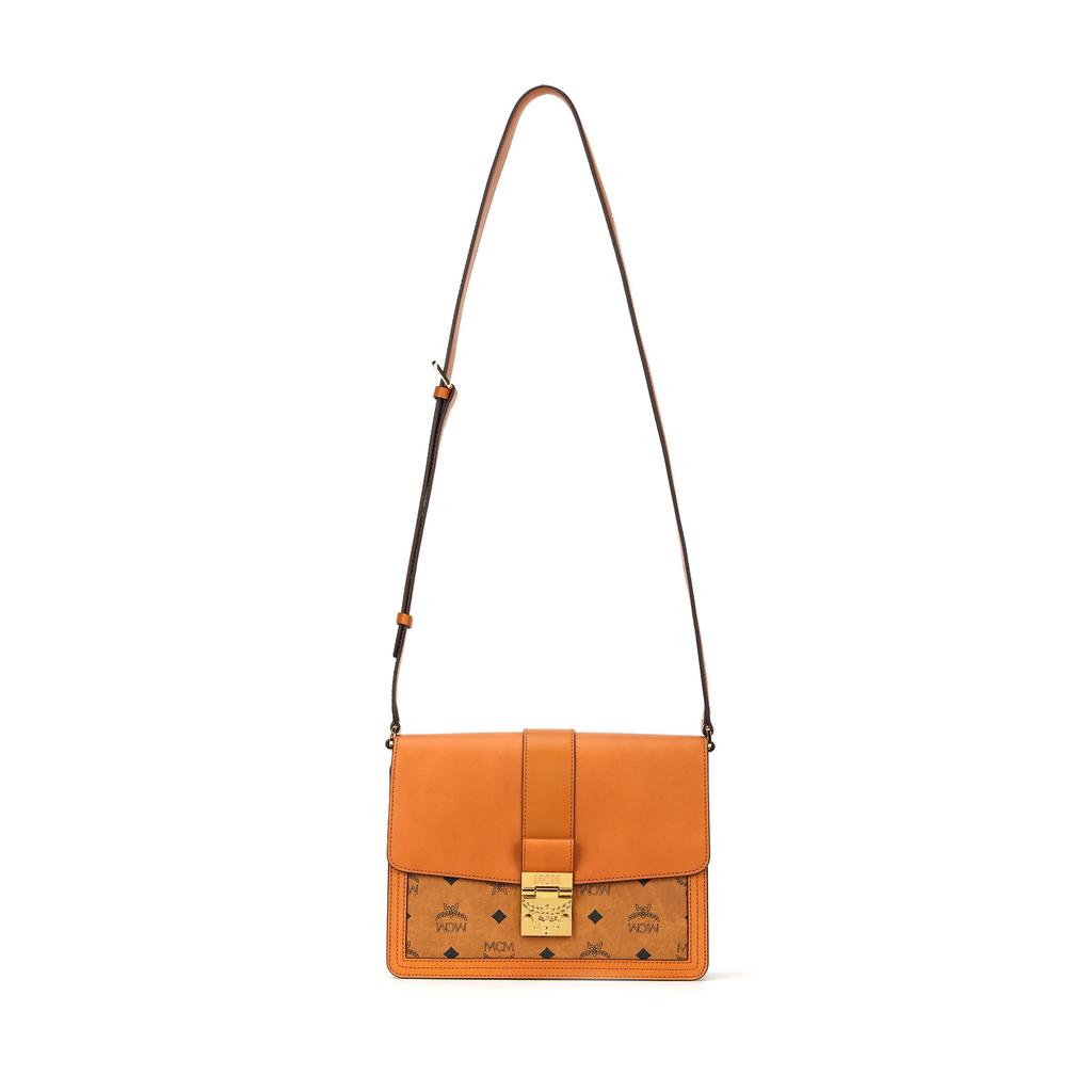 MCM Cognac Visetos & Leather Flap Crossbody Satchel Bag with Gold Hardware for Daily Use