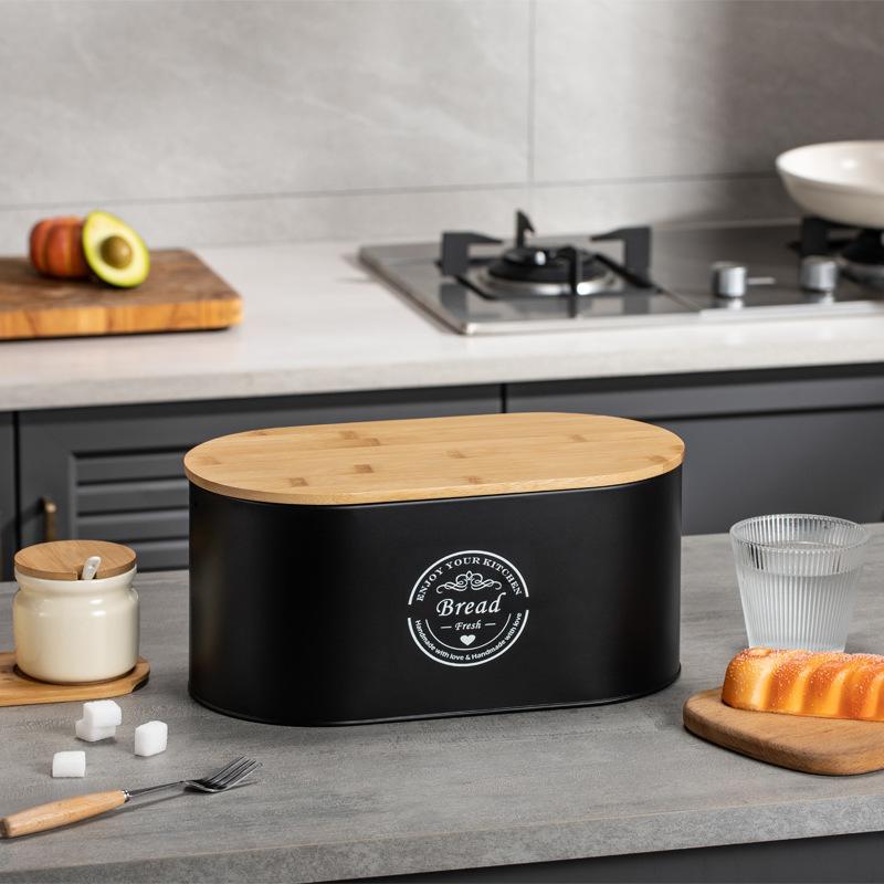 

Black Oval Bamboo Lid Storage Box Breathable Fresh-keeping Food Grade Household Storage Jar Kitchen Metal Bread Box L34*W18*H15.7 cm