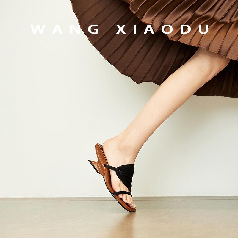 Sheepskin Color Matching Retro Square Head with Wedge Heel Slippers Women's Summer Wear Korean Version Open-toed High-heeled Sandals