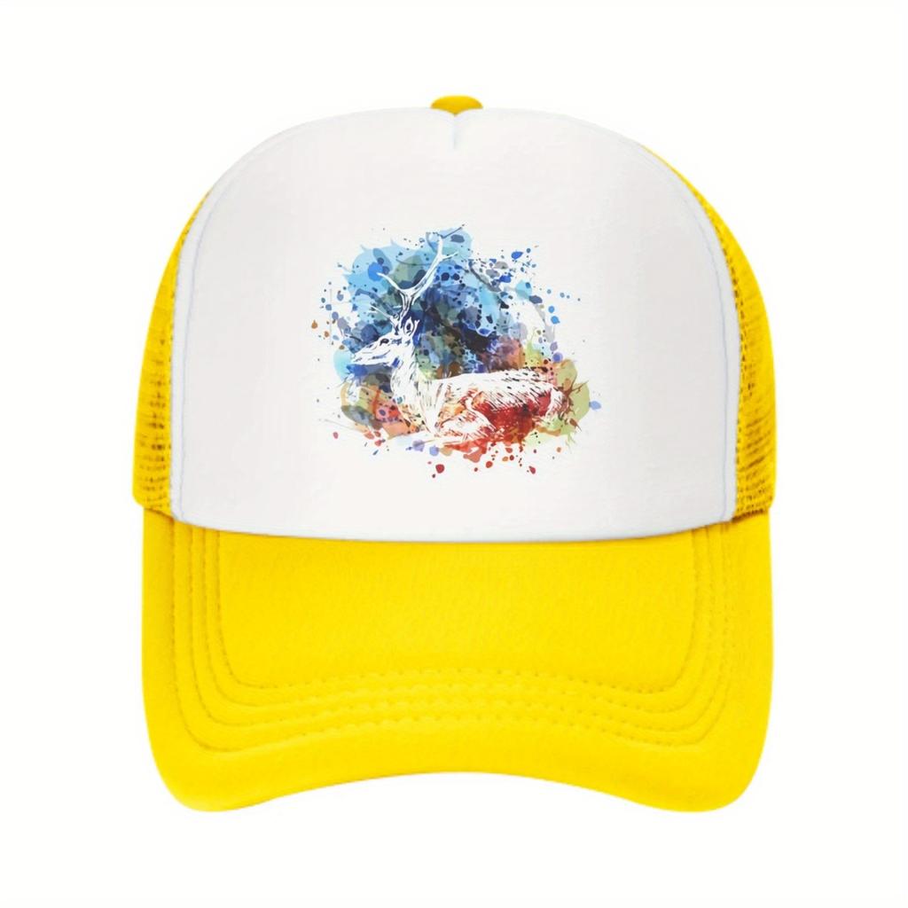 Watercolor Deer Graphic Print Mesh Back Trucker Hat Unisex Casual Adjustable Baseball Cap