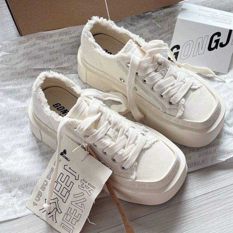 Meilaide Women's Square-Toe Canvas Shoes, Thick-Soled, Spring 2025 Hong Kong Style, Versatile Little White Casual Shoes