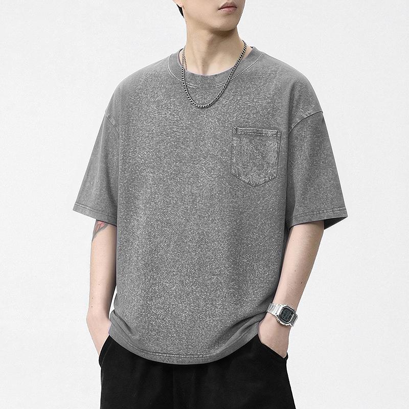 Men's Vintage Washed Cotton T Shirt Crew Neck Short Sleeve Chest Pocket Casual Loose Fit Streetwear Summer Tops