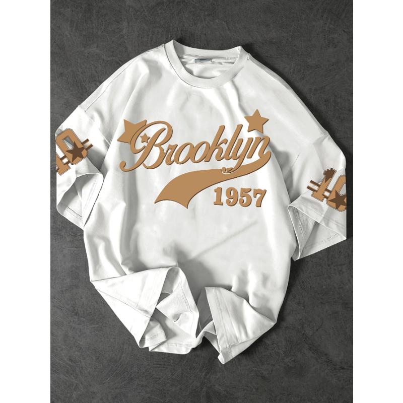 American Style New Summer Men's 1957 Letter Print Comfortable and Breathable Round Neck T-shirt Outdoor Street Style Top