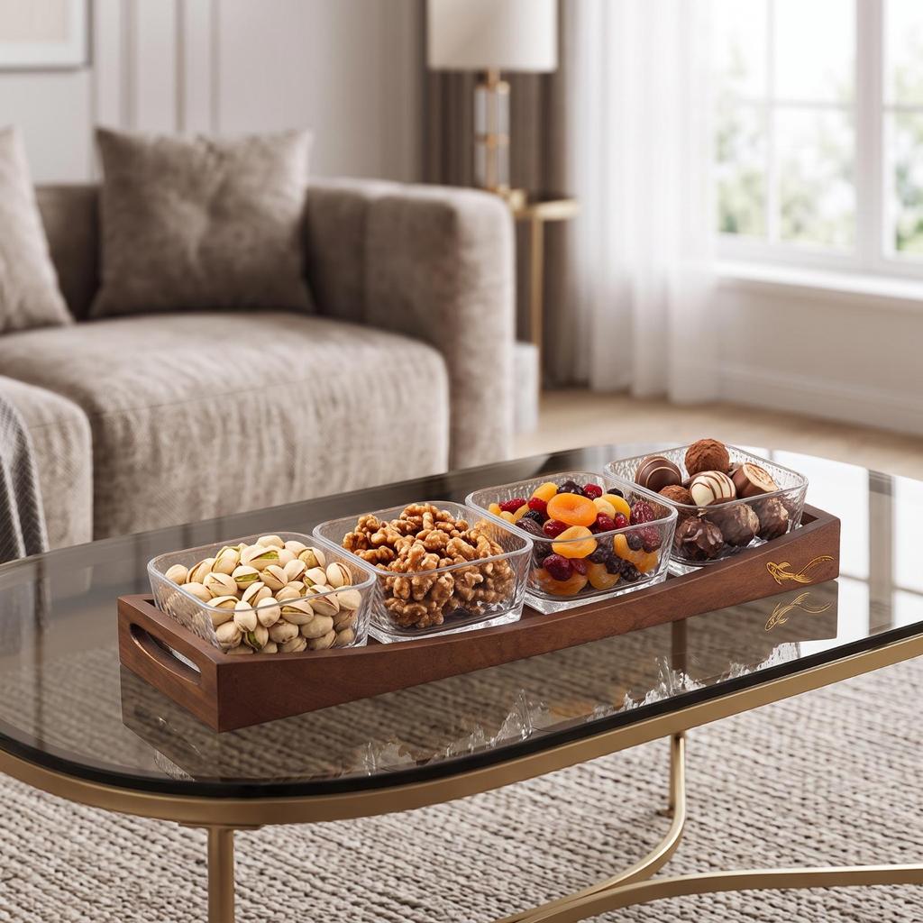 Wood Snack Tray with Glass Bowls Wooden Serving Dishes Appetizer