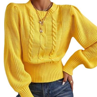 Maglione lavorato a maglia tinta unita autunno inverno da donna con scollo rotondo e maniche a lanterna