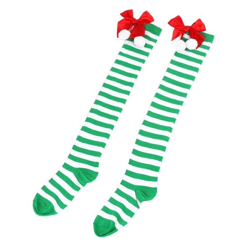 Striped Stockings For Women Over The Knee Long Socks Christmas Green Red Bowknot Long Socks Female Leg Stocking