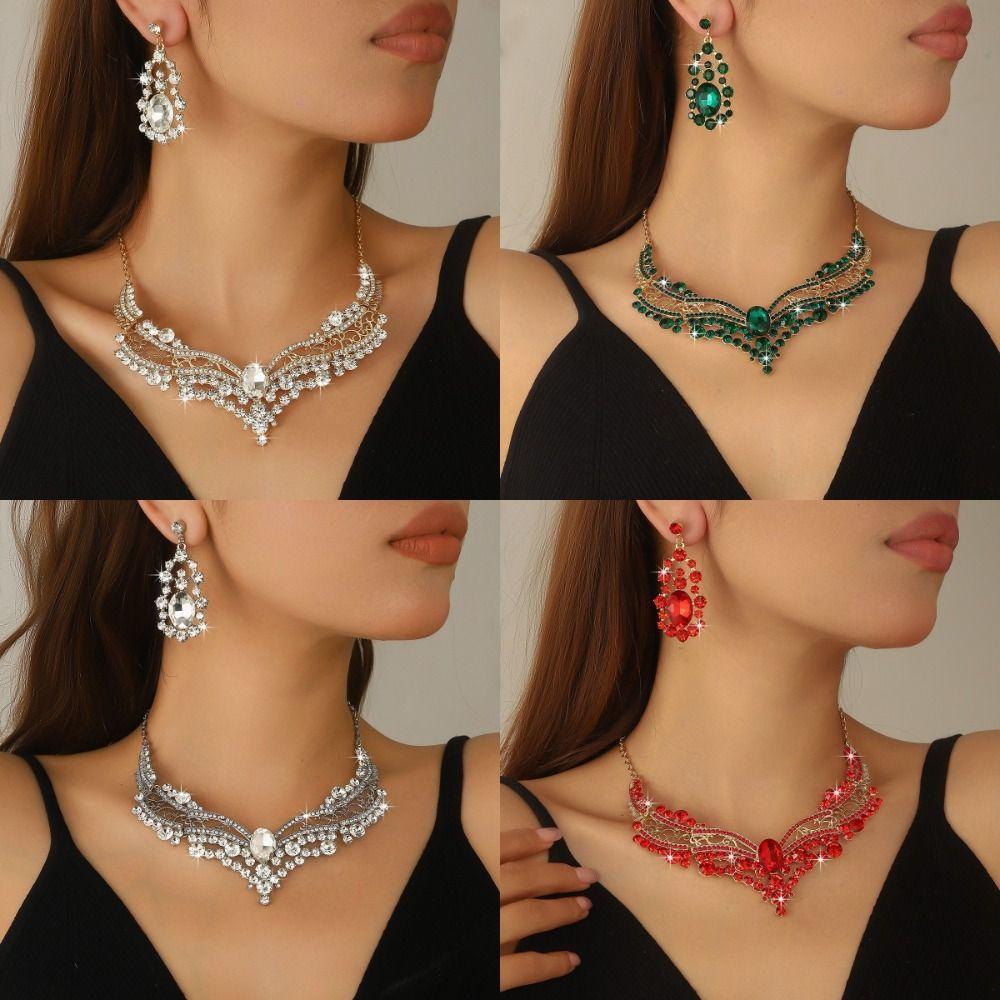 Fashion Necklace Earring Set Inlay Rhinestone Clavicle Chain Elegant Jewelry Set  Party