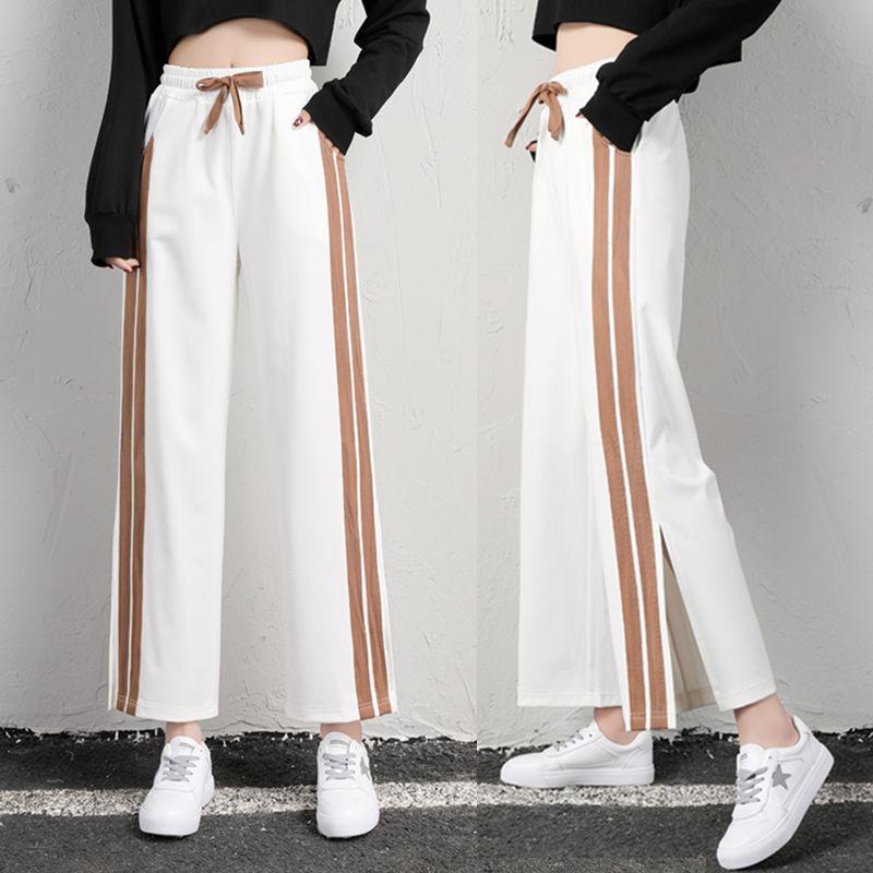 Širokonohé kalhoty Dámské Volný Vysoký Pas Tenké Jarní a Léto Zakryté Rovné Sportovní Ležérní Otevřené devítičtvrteční kalhoty