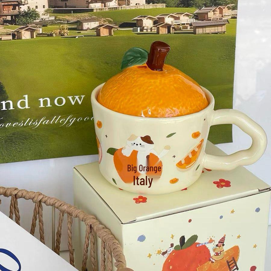 Large Orange Ceramic Mug with Lid & Spoon - Cute Gift for Girls & Best Friends, Perfect Birthday or Practical Souvenir.