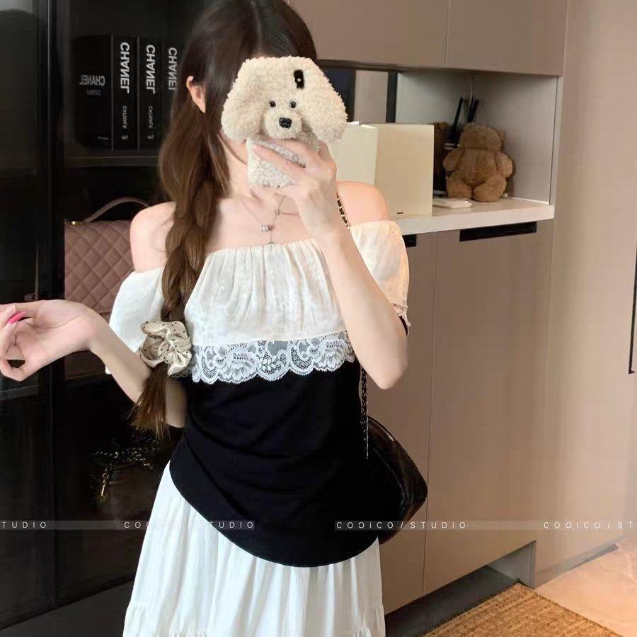 Plus Size One-Shoulder Ruffle Lace Patchwork Top - Versatile, Slimming T-Shirt for Women