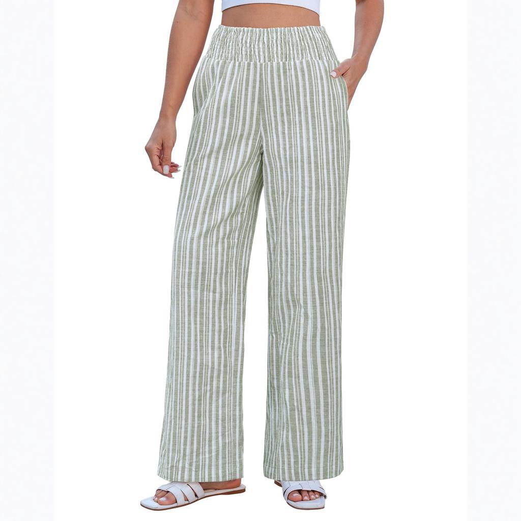 Ladies' Casual And Fashionable High Waist Wide Leg Striped Linen Pants