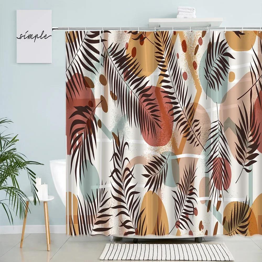 Leaves Shower Curtains Tropical Plant Monstera Palm Leaf Creative Mid Century Bath Curtain Sets Fabric Bathroom Decor With Hooks