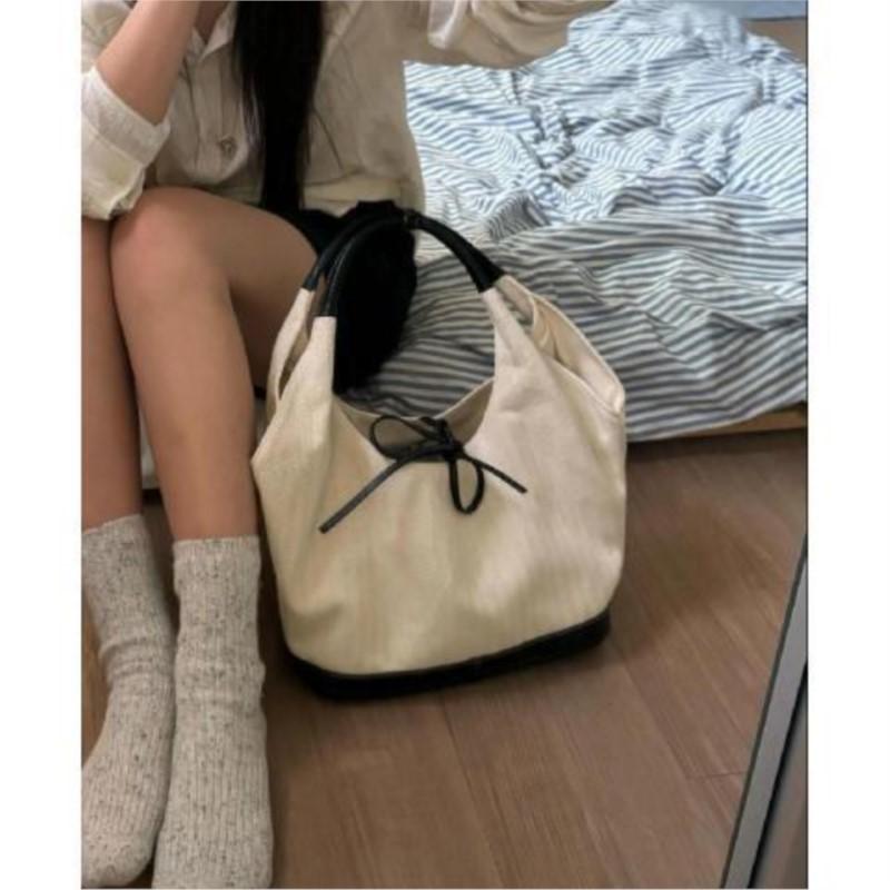 Harajuku  Handbag Women Fairy Core Bow Chic Patchwork Casual Shoulder Bags Female Vintage Beige Canvas Underarm Bag