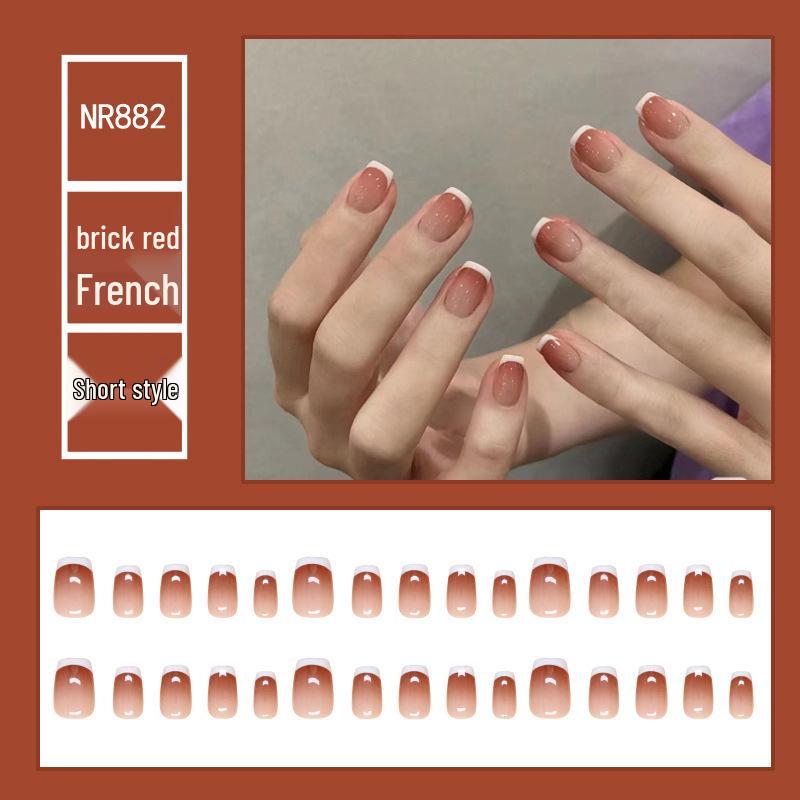 

Кирпично-красный градиент французские типсы с белым краем - 30 съемных коротких накладных ногтей