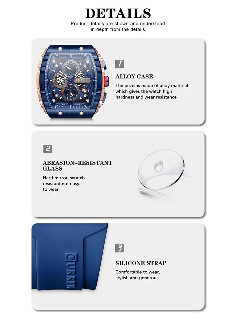 CURREN 8442 Men's Multifunctional Waterproof Quartz Watch with Calendar and Rubber Strap