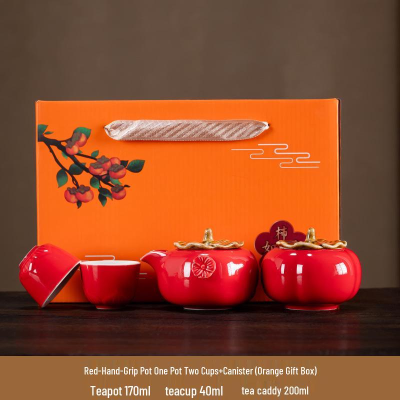Persimmon Tea Set - Festive Ruyi Design, Custom Ceramic Gift Box for Weddings & Souvenirs