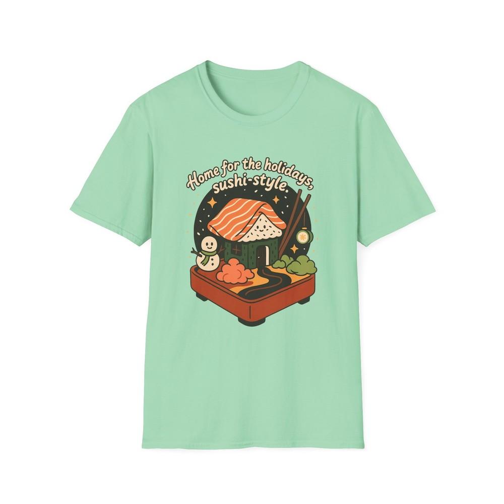 

Unisex Softstyle T-Shirt Christmas Sushi Cottage Kawaii Holiday Food Fantasy Tee 4XL